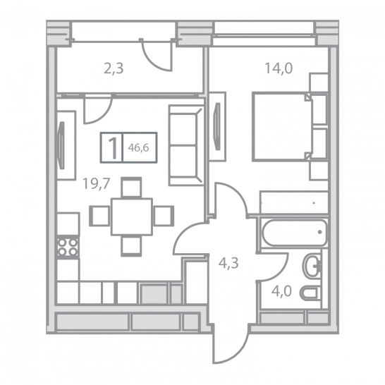 Однокомнатная квартира 44.3 м²