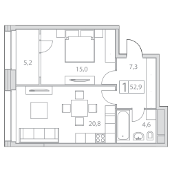 Двухкомнатная квартира 52.9 м²