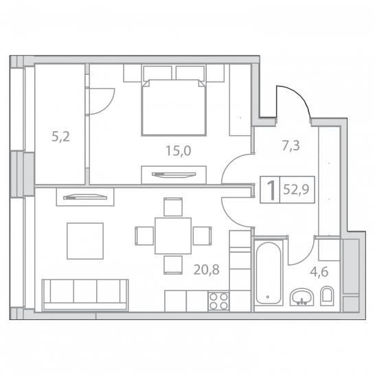 Двухкомнатная квартира 52.9 м²