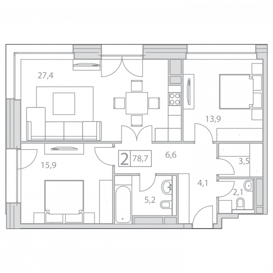 Двухкомнатная квартира 78.7 м²