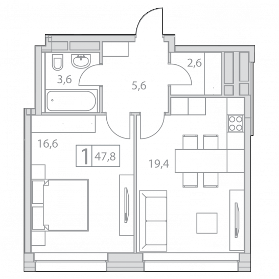 Однокомнатная квартира 47.8 м²