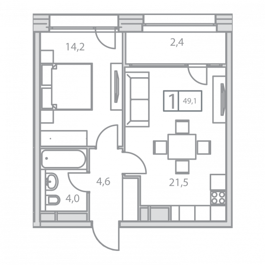 Однокомнатная квартира 46.7 м²
