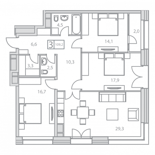 Трёхкомнатная квартира 107.2 м²