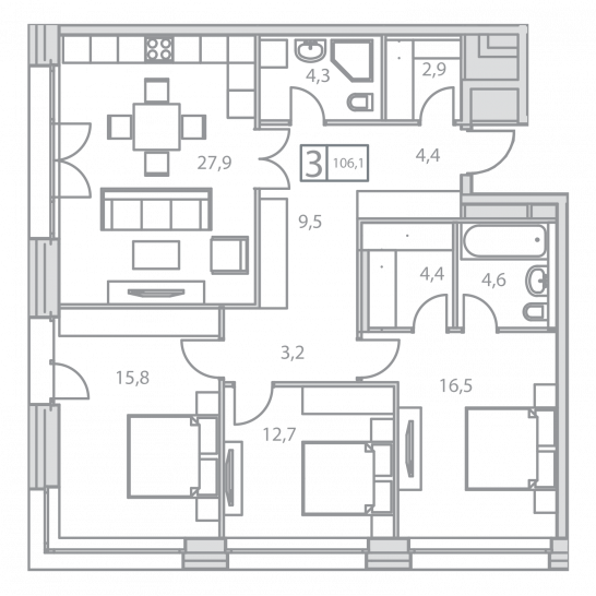 Трёхкомнатная квартира 106.1 м²