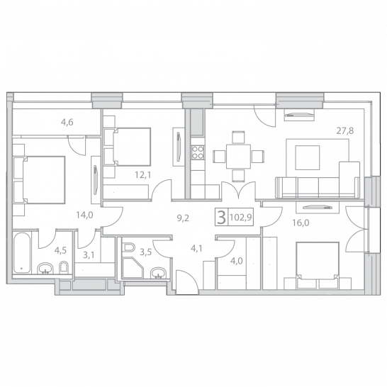 Трёхкомнатная квартира 102.9 м²