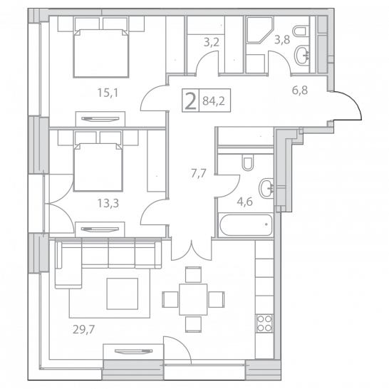 Двухкомнатная квартира 84.2 м²
