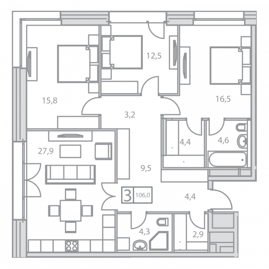 Трёхкомнатная квартира 106 м²